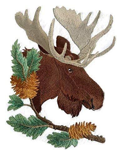Animal Kingdom Moose in Pine embroidered patch, showcasing intricate details and vibrant colors on a cotton base.