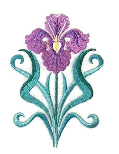 Art Deco Iris embroidered patch featuring intricate design and vibrant colors, measuring 4.6 inches by 6.84 inches, suitable for iron-on or sewing applications.