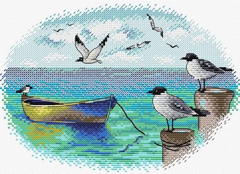 At the Pier M-557 / SM-557 Counted Cross-Stitch Kit featuring Aida canvas, colorful threads, and detailed instructions for crafting.