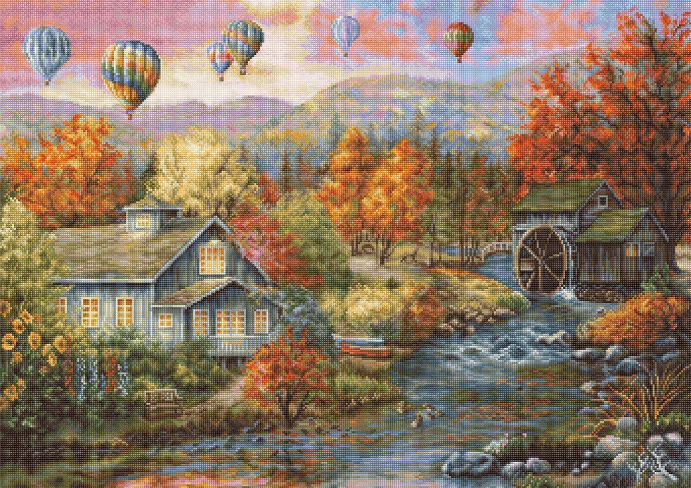 Autumn Creek Mill B616L Counted Cross-Stitch Kit with Aida canvas, colorful threads, and needle, showcasing the complete crafting set.