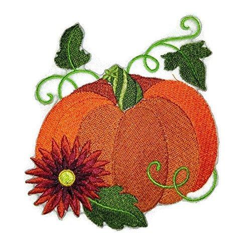 Autumn Elegance Pumpkin embroidered patch featuring vibrant colors and intricate stitching, perfect for iron-on or sewing applications.