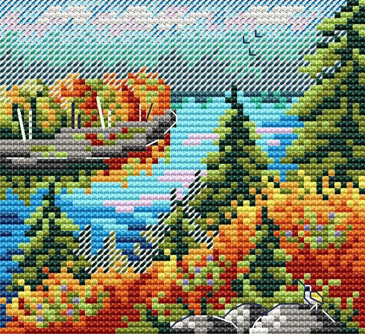 Autumn Forest SM-615 Counted Cross-Stitch Kit featuring a serene river and forest trees, complete with threads and instructions.
