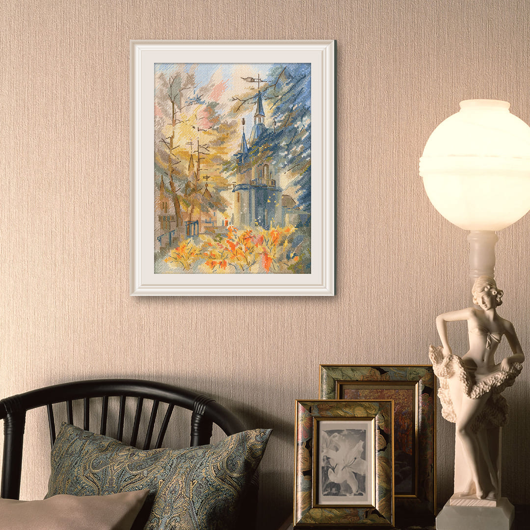 Autumn M873 Counted Cross Stitch Kit featuring beige Aida fabric, DMC threads, and a detailed chart for stitching.