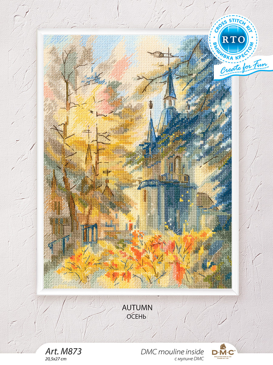 Autumn M873 Counted Cross Stitch Kit featuring beige Aida fabric, DMC threads, and a detailed chart for stitching.