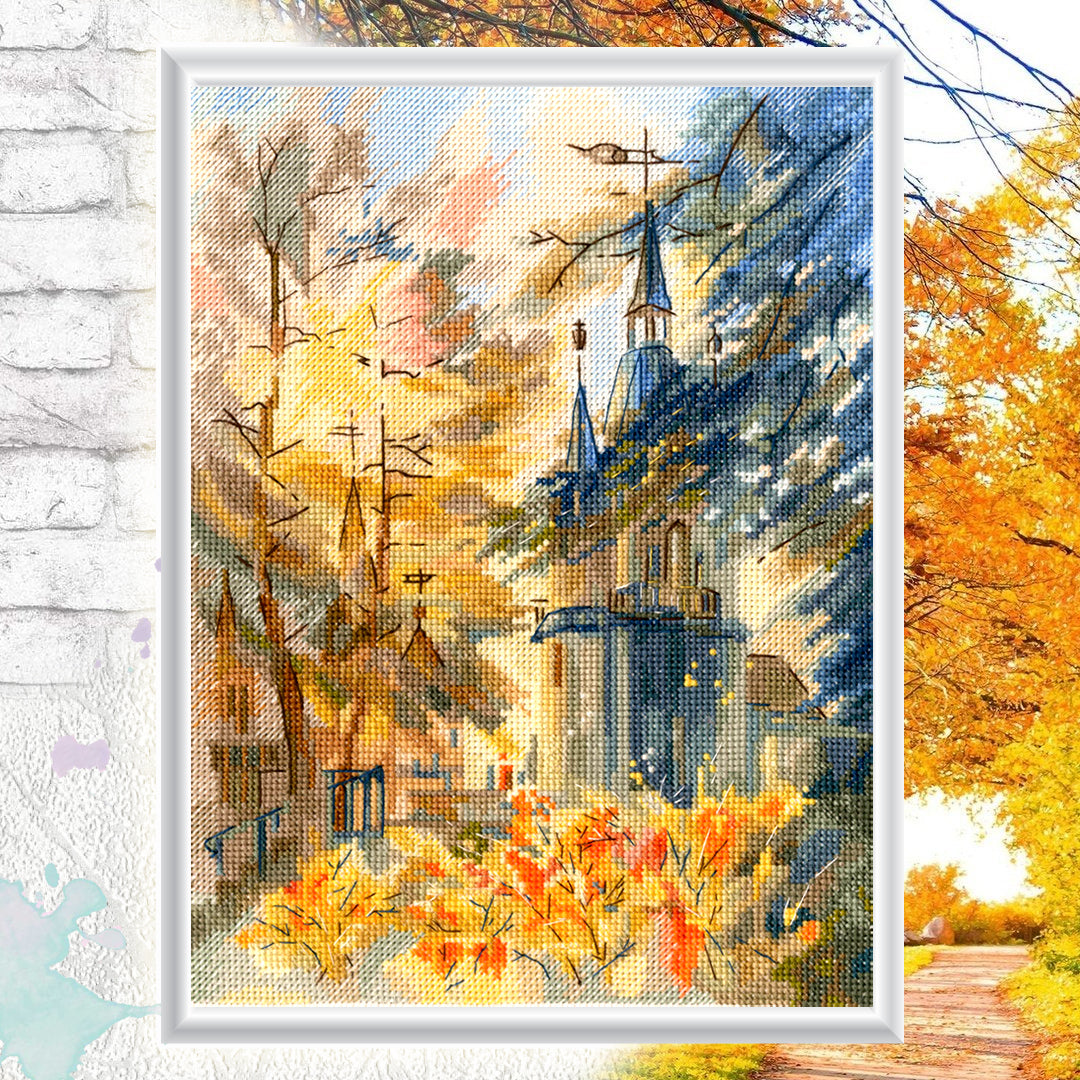 Autumn M873 Counted Cross Stitch Kit featuring beige Aida fabric, DMC threads, and a detailed chart for stitching.