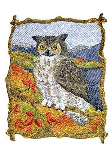 Autumn Owl embroidered patch featuring intricate details and vibrant colors, perfect for sewing or ironing onto garments.