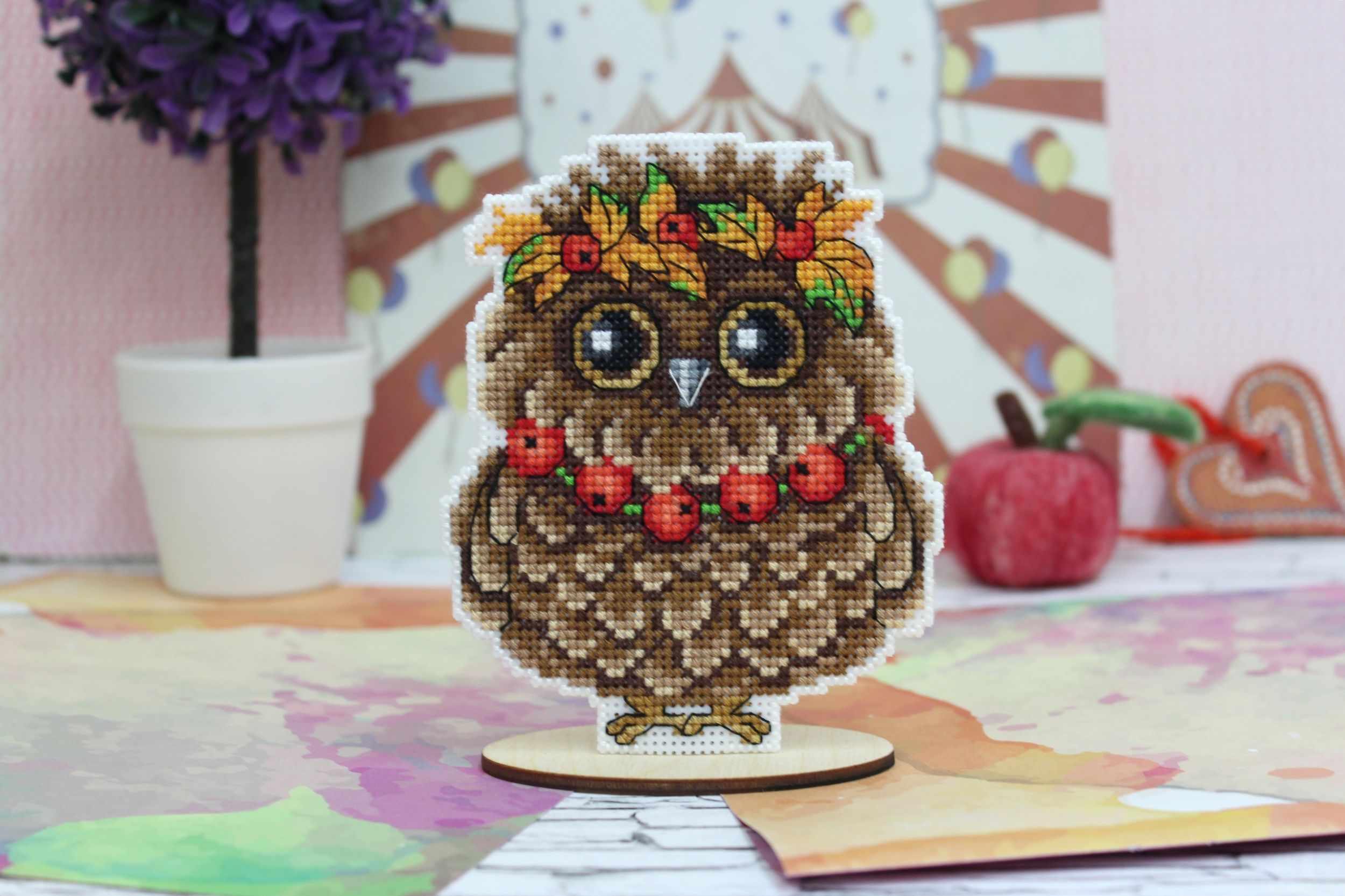 Autumn Owl Plastic Canvas Counted Cross Stitch Kit featuring vibrant colors and detailed design elements.