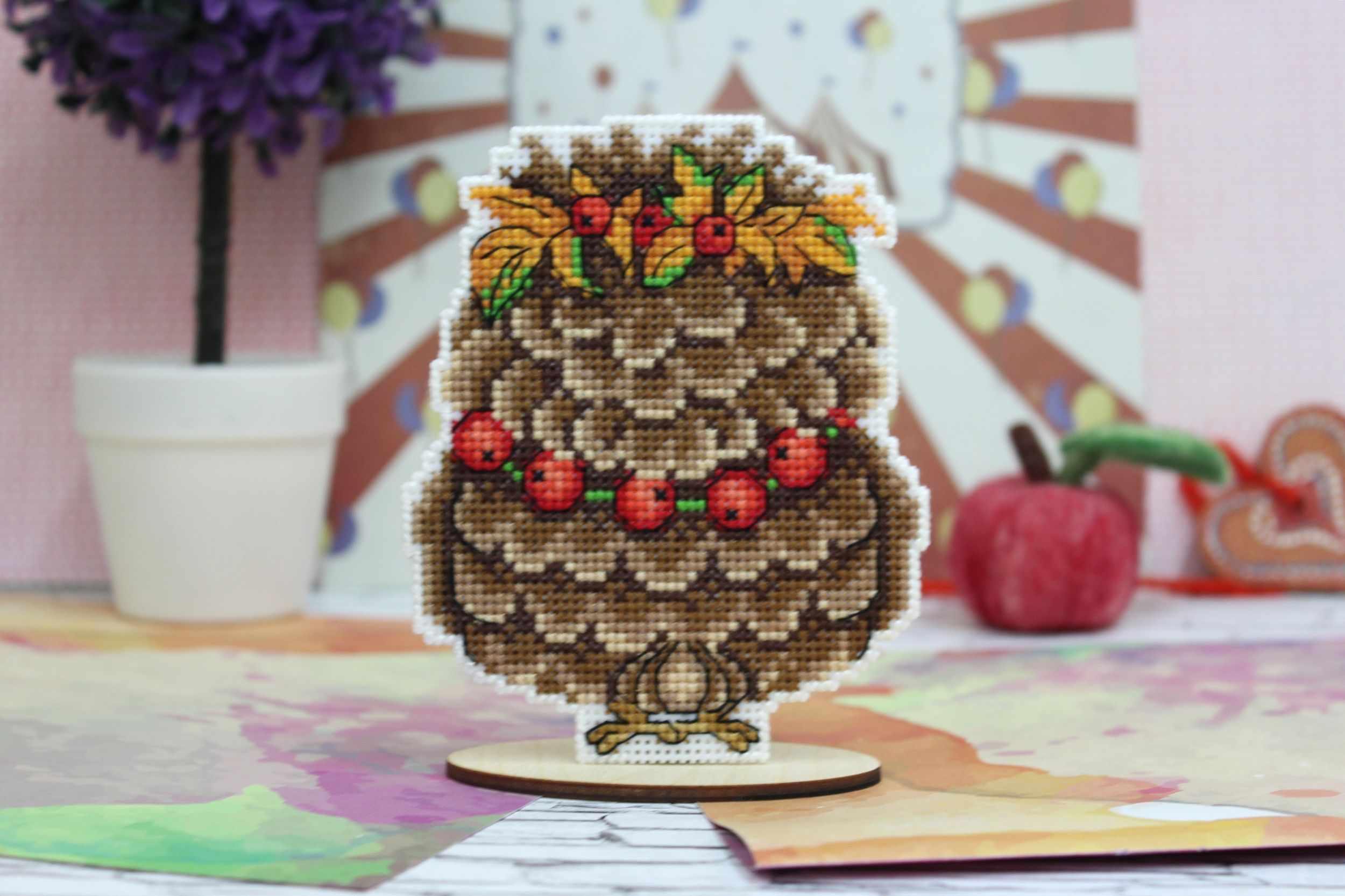 Autumn Owl Plastic Canvas Counted Cross Stitch Kit featuring vibrant colors and detailed design elements.