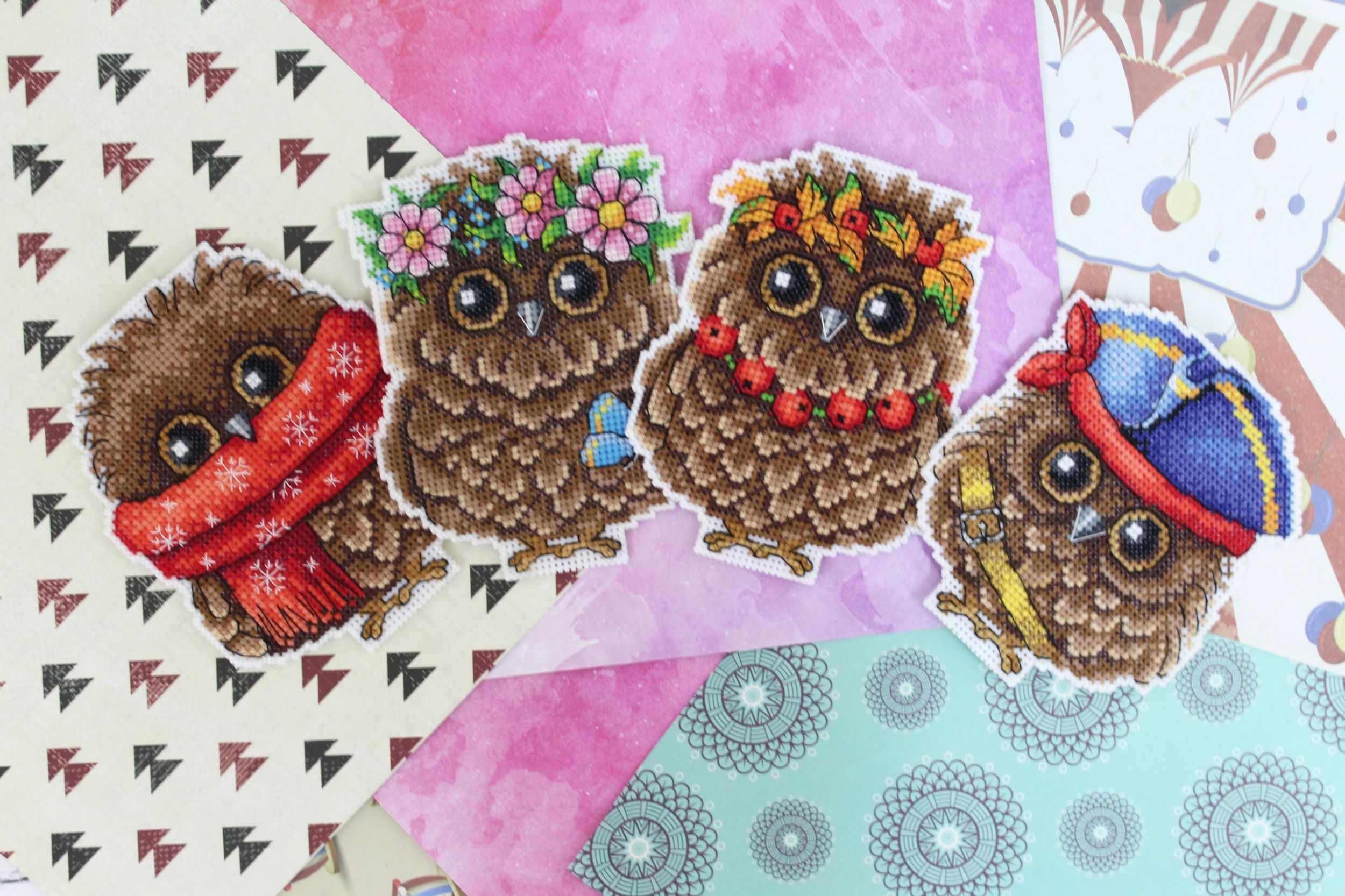 Autumn Owl Plastic Canvas Counted Cross Stitch Kit featuring vibrant colors and detailed design elements.