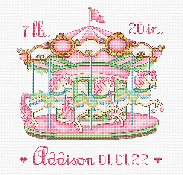 Baby Carousel L8046 Counted Cross Stitch Kit featuring cream white Aida canvas, colorful Anchor threads, and a detailed black symbol chart.