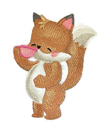 Baby Tea Sipping Fox embroidered patch, featuring a cute fox holding a tea cup, ideal for sewing or ironing onto garments.