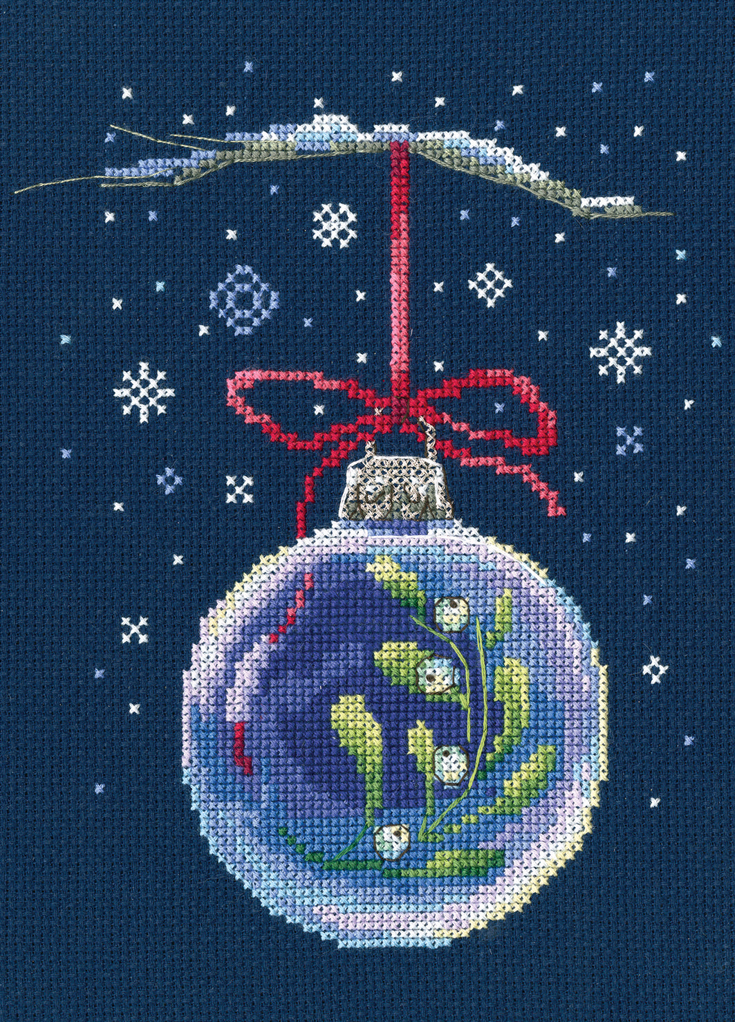 Ball with a sprig of mistletoe counted cross stitch kit featuring blue Aida fabric and DMC threads.