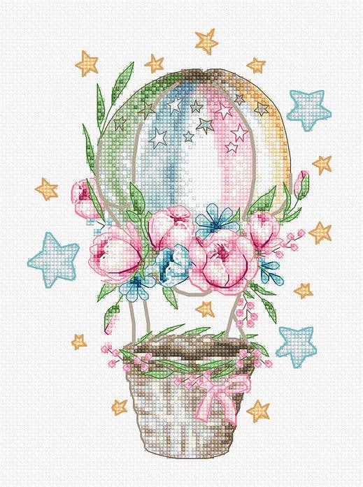 Ballon B7007L Counted Cross-Stitch Kit featuring an air balloon design with peonies and roses.
