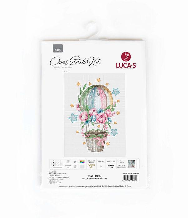 Ballon B7007L Counted Cross-Stitch Kit featuring an air balloon design with peonies and roses.