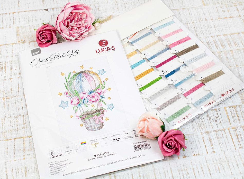 Ballon B7007L Counted Cross-Stitch Kit featuring an air balloon design with peonies and roses.