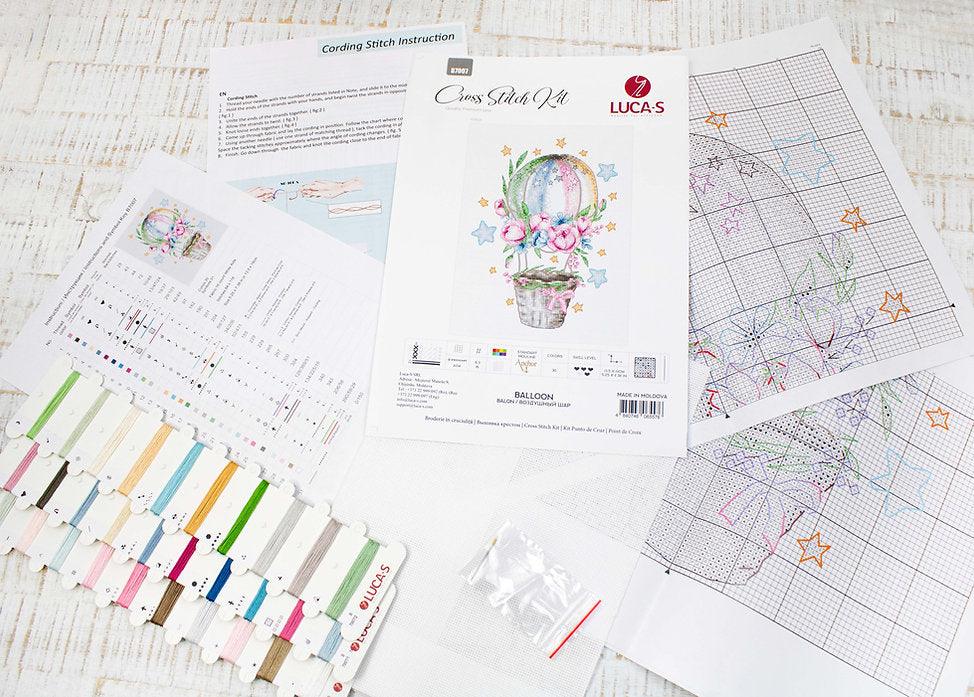 Ballon B7007L Counted Cross-Stitch Kit featuring an air balloon design with peonies and roses.