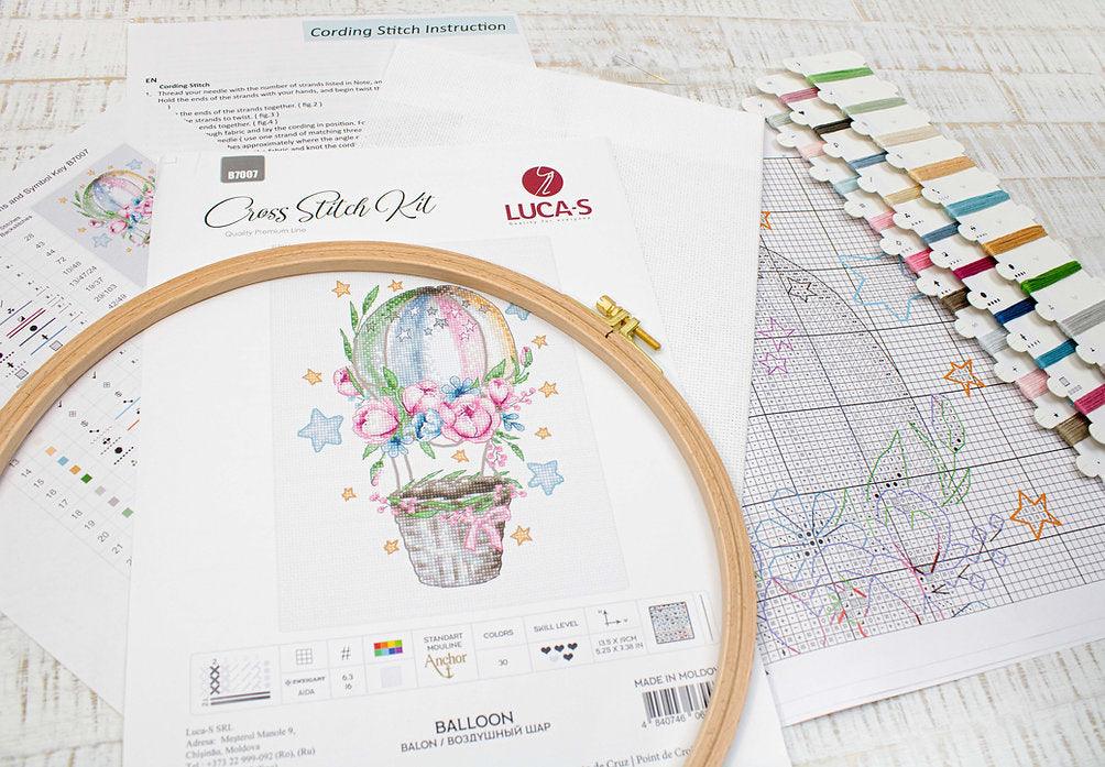 Ballon B7007L Counted Cross-Stitch Kit featuring an air balloon design with peonies and roses.