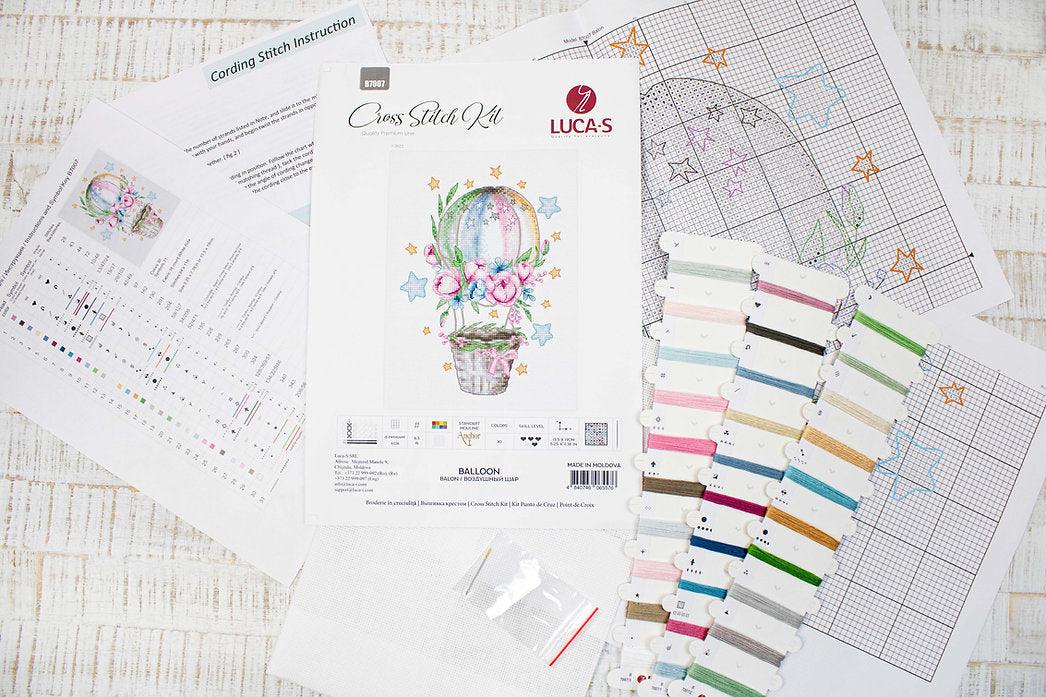 Ballon B7007L Counted Cross-Stitch Kit featuring an air balloon design with peonies and roses.