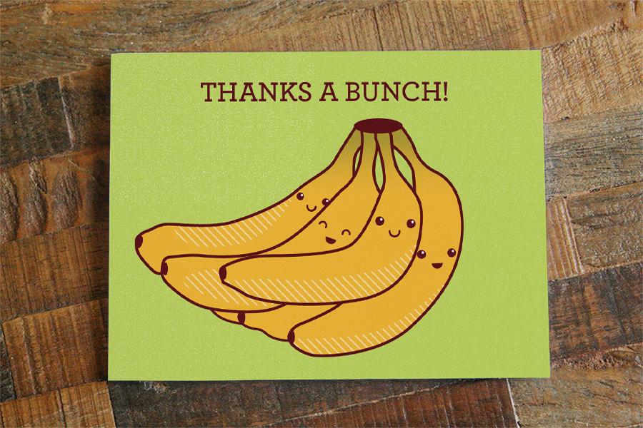 Bananas Thank You Card featuring a playful 'Thanks a Bunch!' pun with a vibrant banana illustration.