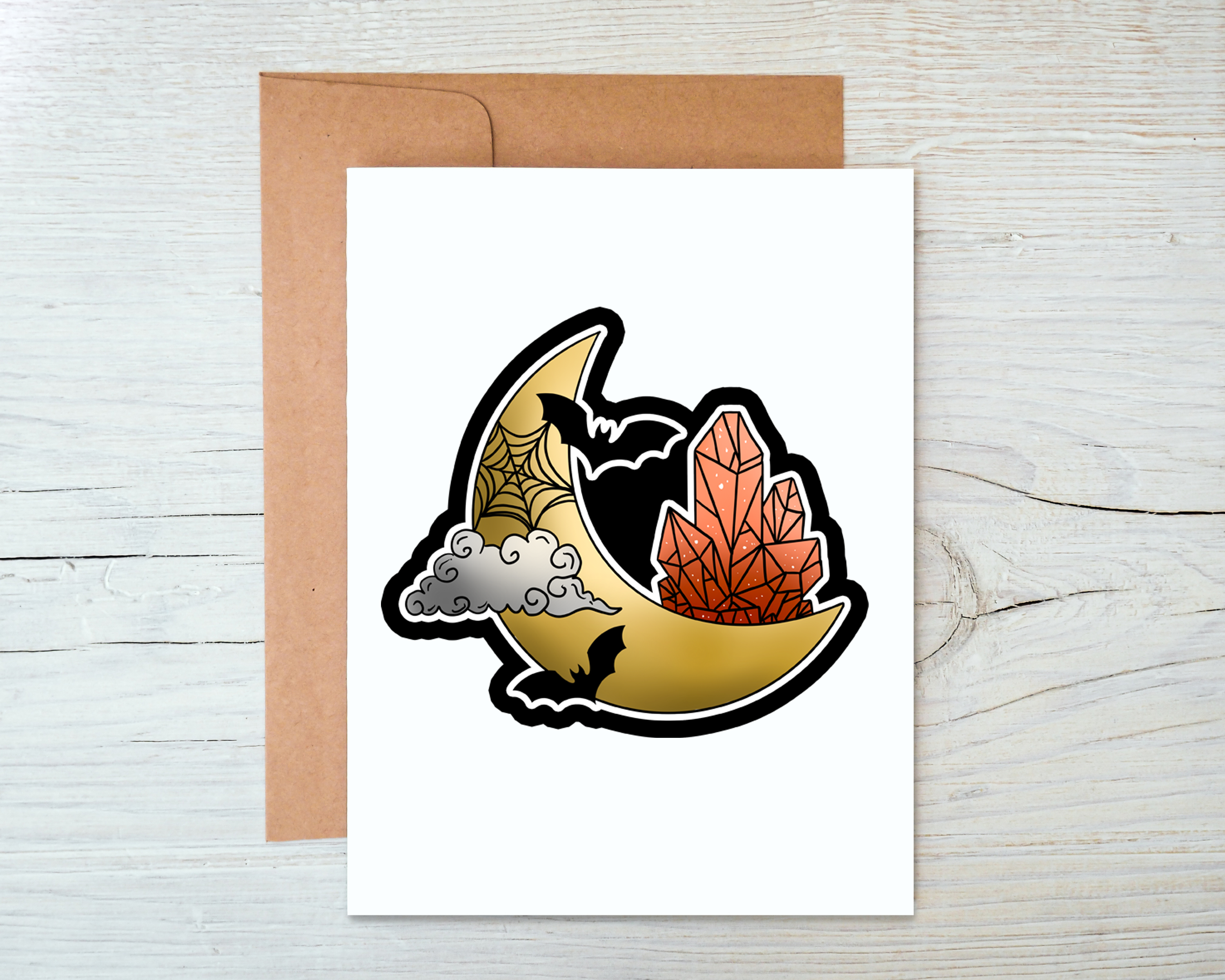 A beautifully illustrated Bat Moon Card featuring a bat and moon design, with a kraft envelope, perfect for any occasion.