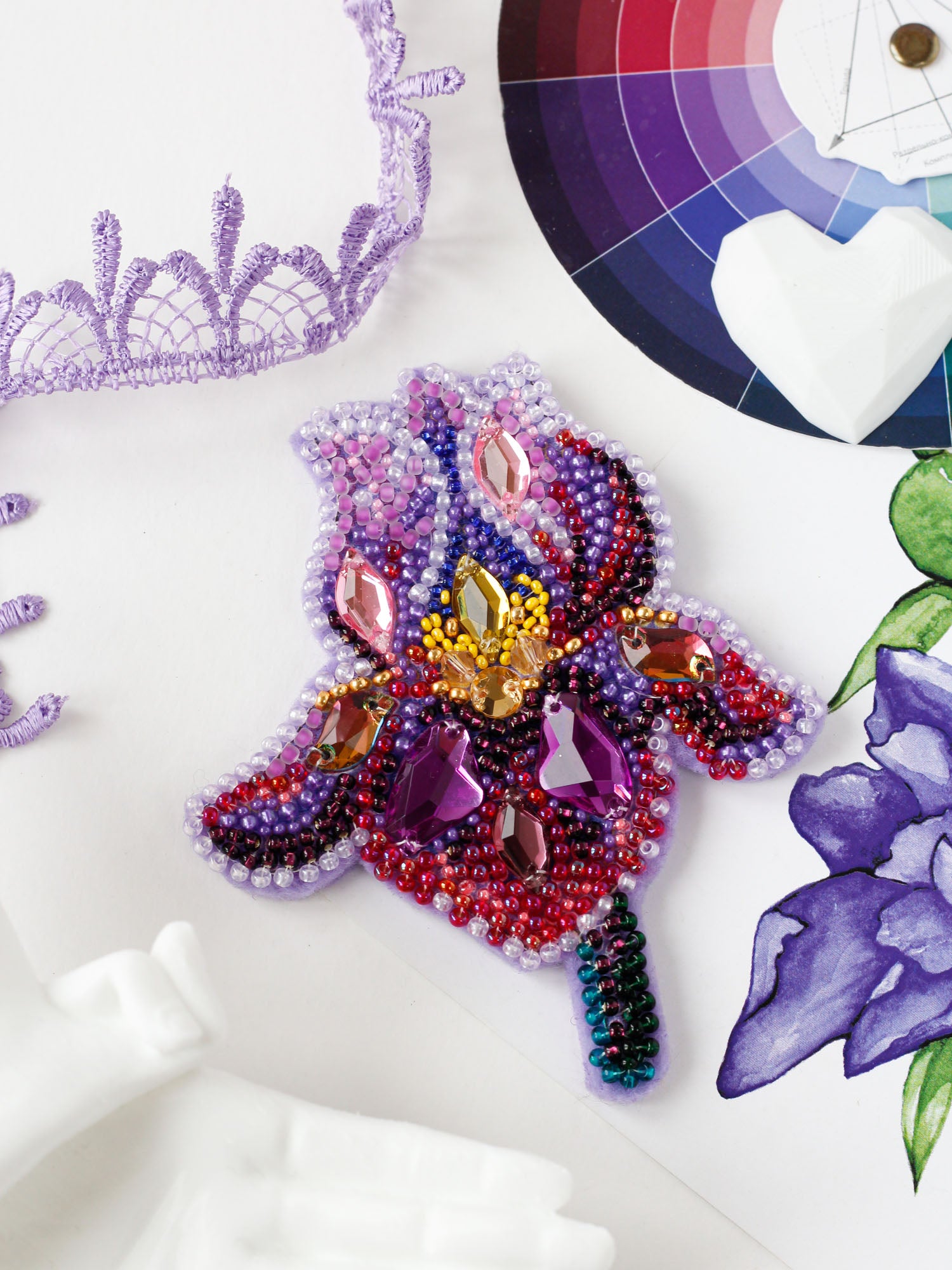 Bead Embroidery Decoration Kit Amethyst Iris AD-200 with colorful beads, needles, and canvas for crafting.