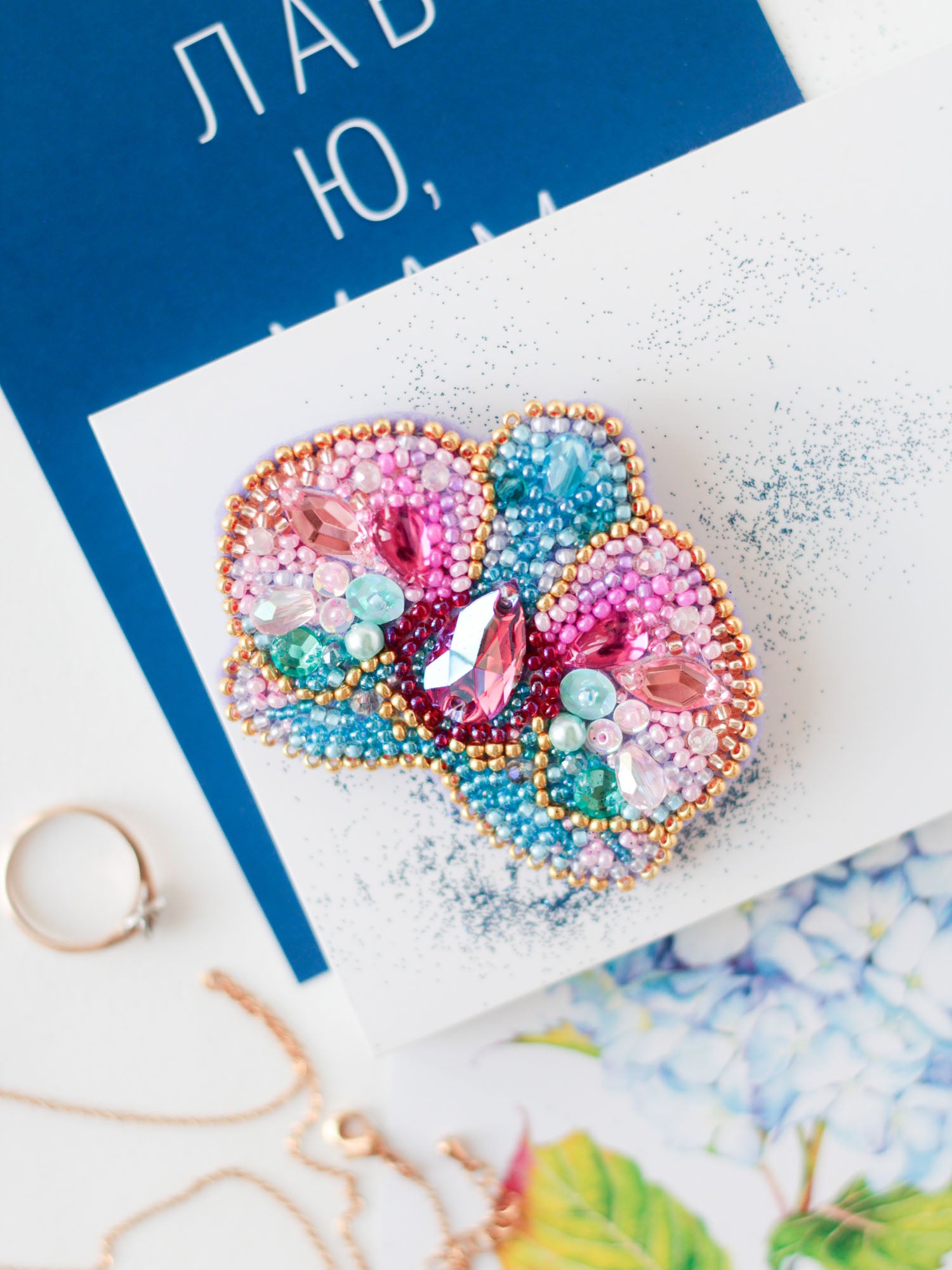 Bead Embroidery Decoration Kit Orchid AD-212 with colorful beads, needles, and canvas for crafting.