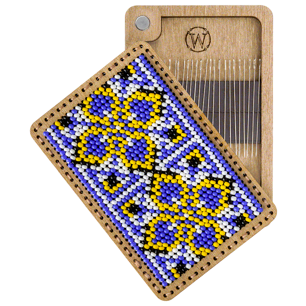 Bead Embroidery Kit FLZB(N)-099 featuring a needle box, beads, thread, and instructions for creating a decorative needle box.