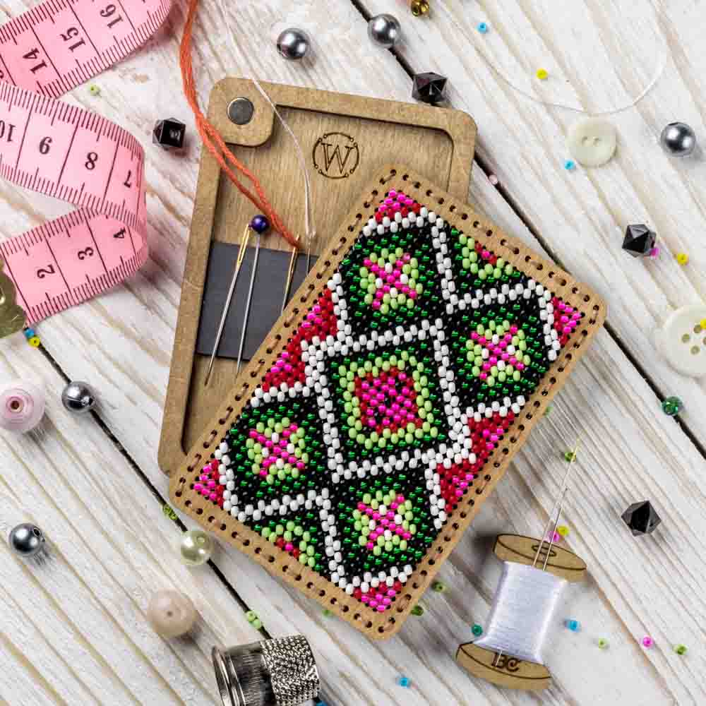 Bead Embroidery Kit FLZB(N)-093 featuring a needle box, perforated cover, PRECIOSA beads, thread, and needles for crafting.