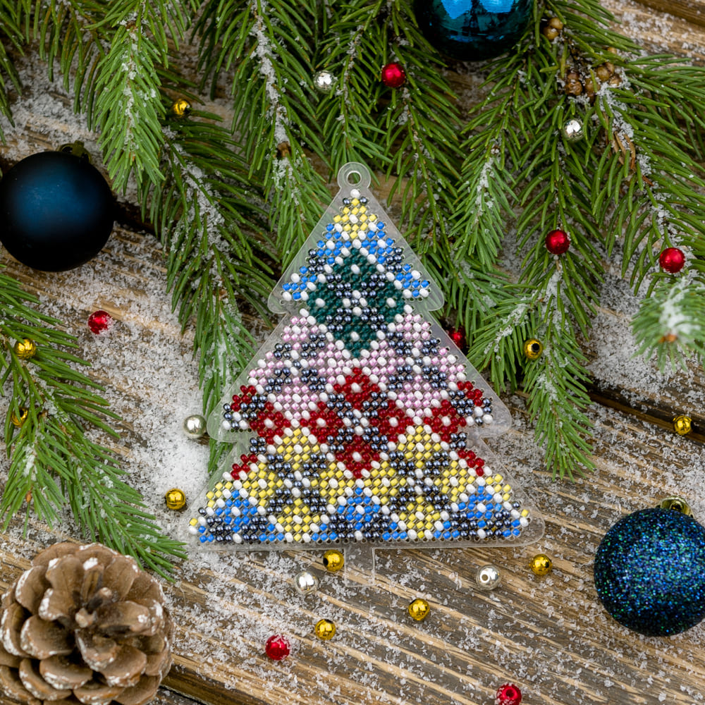 Bead embroidery kit FLPL-035 featuring a plastic base, colorful PRECIOSA beads, and included crafting tools.