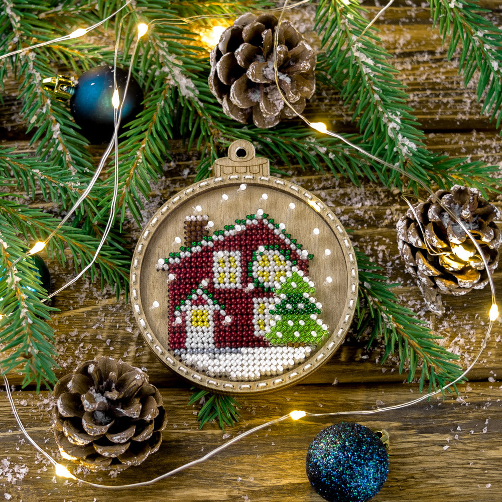 Bead embroidery kit on wood FLK-369 featuring vibrant PRECIOSA beads and shaped plywood blanks for crafting Christmas tree decorations.