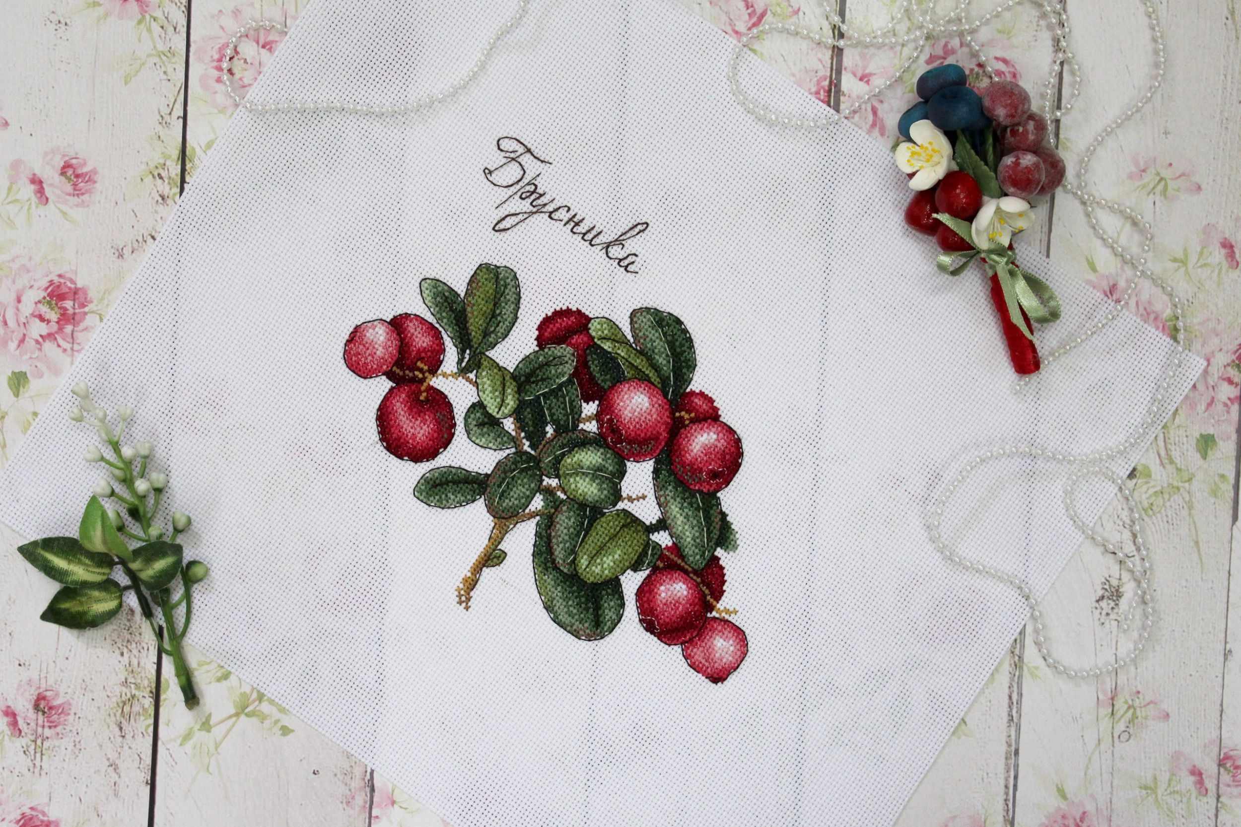 Berries SNV-650 Counted Cross Stitch Kit featuring colorful threads, AIDA canvas, and a needle for crafting.