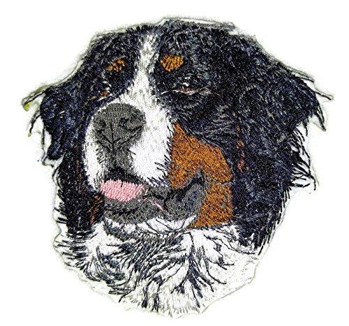 Bernese Mountain Dog face embroidery patch, 4 inches by 4 inches, showcasing intricate stitching and vibrant colors.