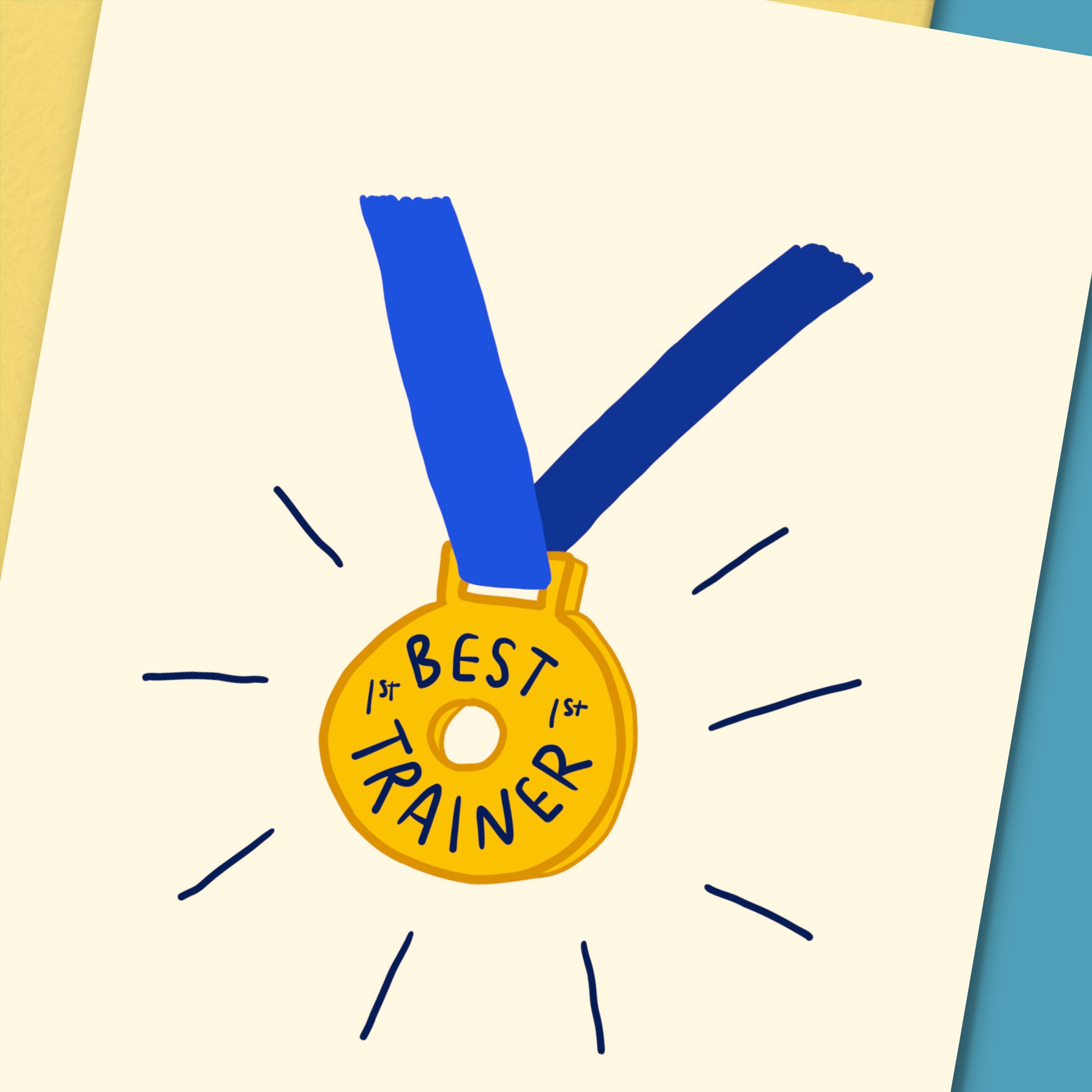 Best Trainer Medal greeting card featuring a gold medal illustration with the text 'Best Trainer'.