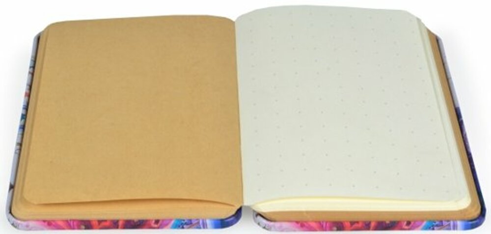 Biggdesign Notizbuch mit Hardcover, gestreiften Blättern und buntem Design, ideal für Notizen und Planung.