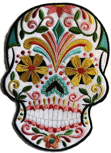 Flor De Fiesta Sugar Skull embroidered patch featuring vibrant colors and intricate designs, perfect for bikers and fashion enthusiasts.
