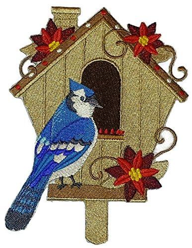 Blue Jay embroidered patch with bird house design, ideal for iron-on or sewing applications, showcasing vibrant colors and intricate details.