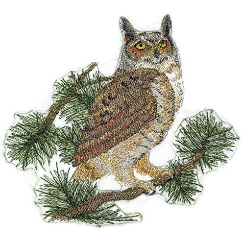 Great Horned Owl embroidered patch showcasing intricate details and vibrant colors, perfect for iron-on or sewing onto garments.