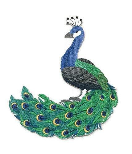 Birds Kingdom Peacock embroidered patch showcasing vibrant colors and intricate design, measuring 6.87 inches by 8 inches.