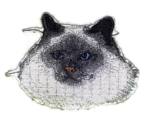 Birman Cat Face embroidery patch, 4 inches by 3 inches, showcasing intricate details and vibrant colors, perfect for iron-on or sew-on applications.