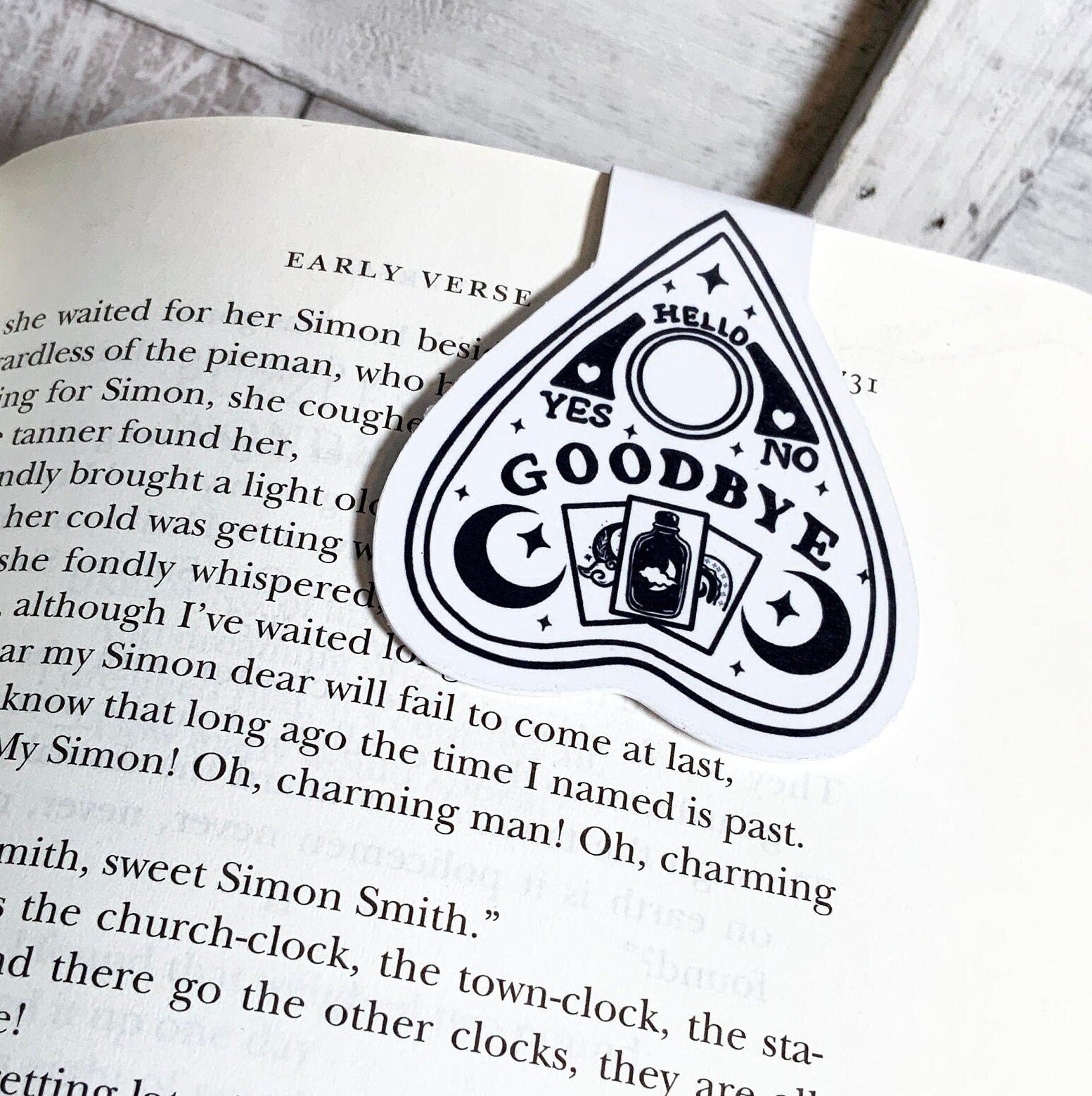 Black and White Planchette Bookmark featuring a mystical design with strong magnets, scratch and splash resistant.