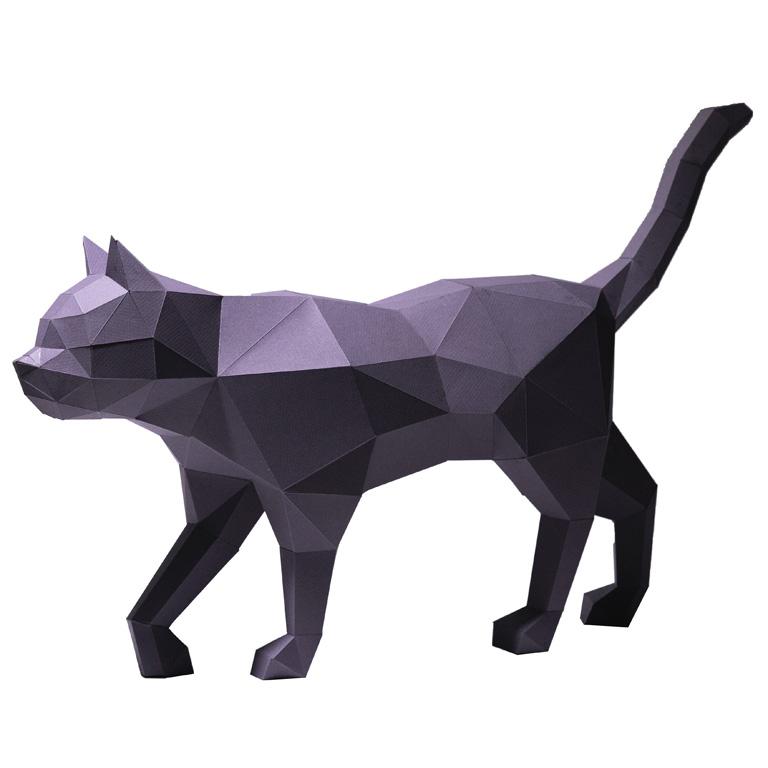 A beautifully crafted 3D papercraft model of a black cat, showcasing intricate details and a sleek design, perfect for home decor.