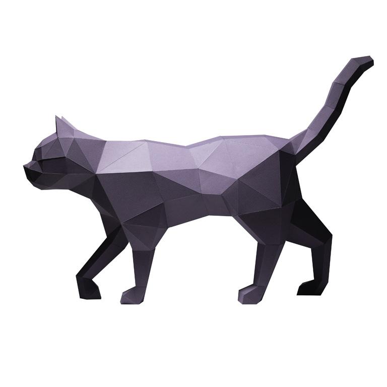A beautifully crafted 3D papercraft model of a black cat, showcasing intricate details and a sleek design, perfect for home decor.