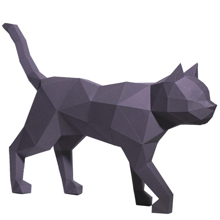 A beautifully crafted 3D papercraft model of a black cat, showcasing intricate details and a sleek design, perfect for home decor.