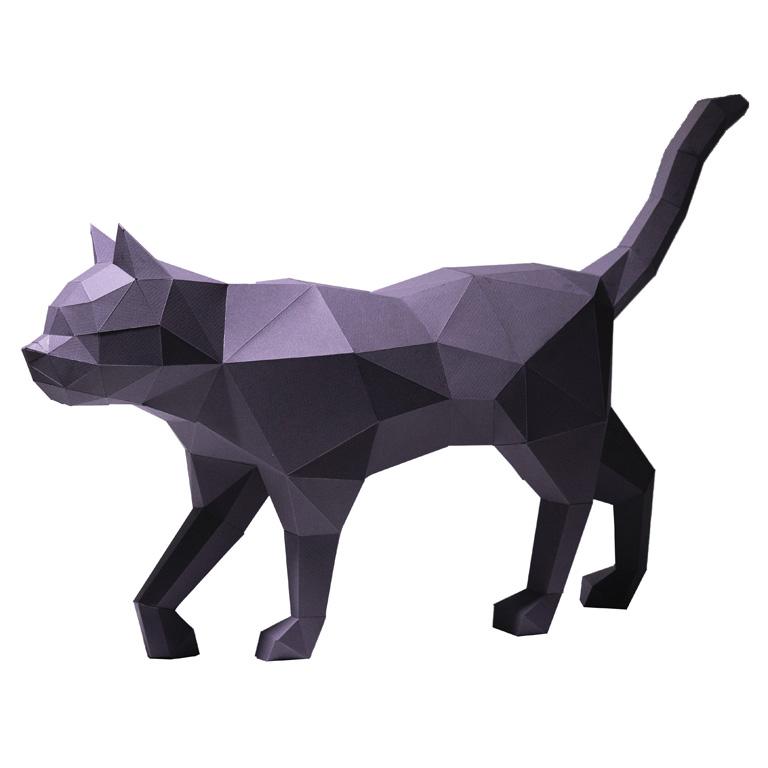 A beautifully crafted 3D papercraft model of a black cat, showcasing intricate details and a sleek design, perfect for home decor.