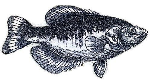 Black Crappie Fish embroidered patch, measuring 5 inches by 3 inches, featuring intricate stitching and vibrant colors, suitable for iron-on or sew-on application.