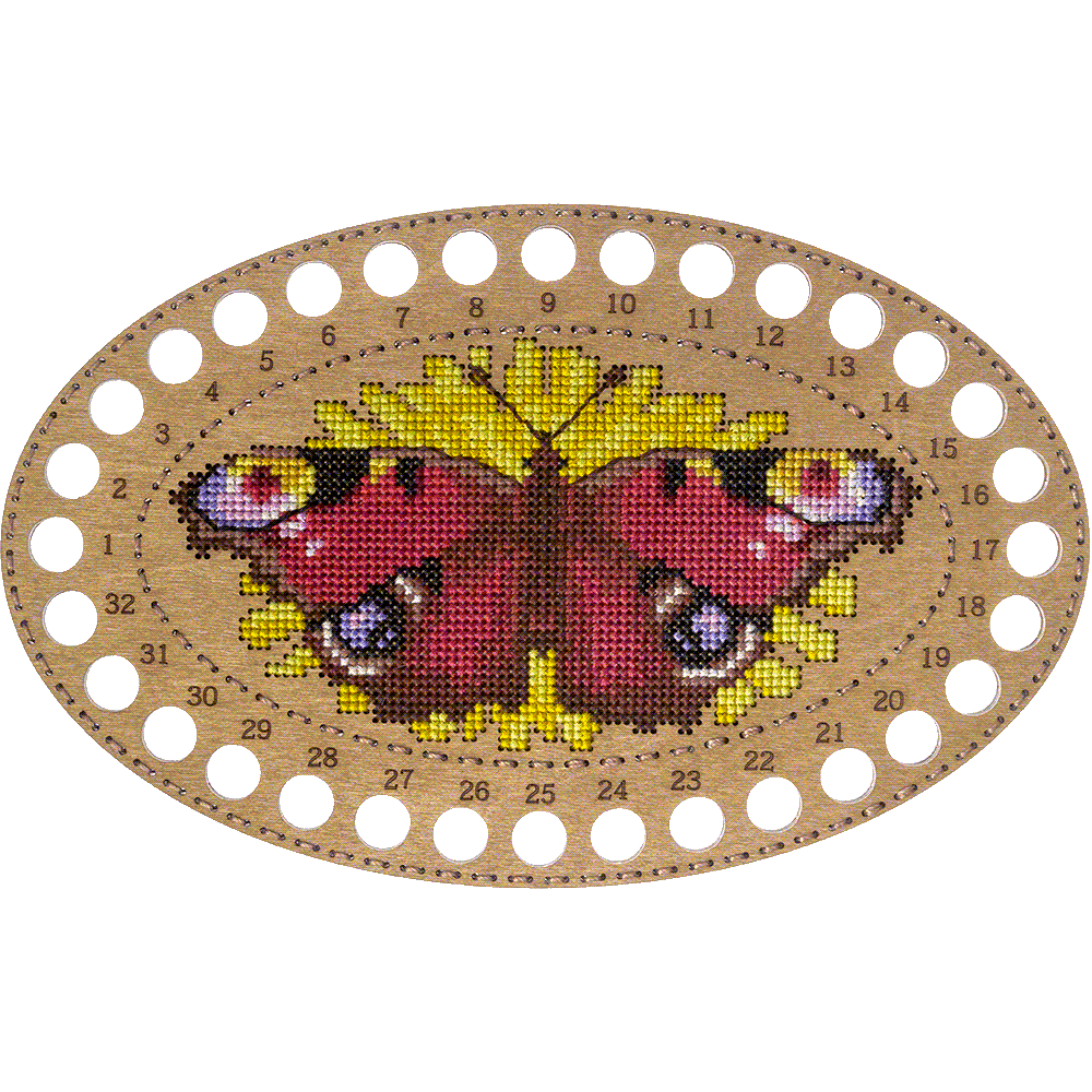 Wooden embroidery blank FLHW-018 with perforated design, thread, and needle for crafting.