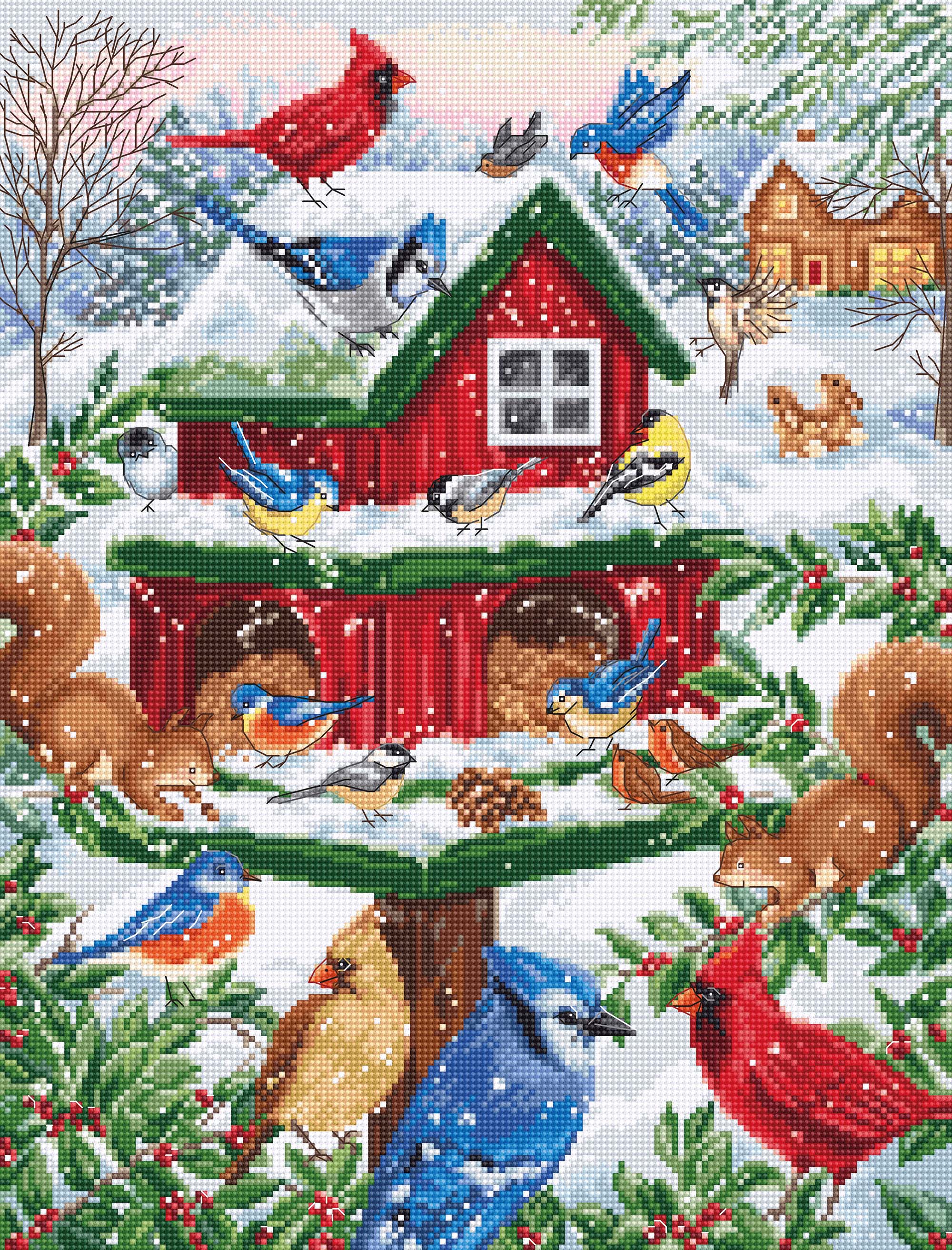 Blissful Bird Feeder B2417L Counted Cross-Stitch Kit featuring colorful threads, Aida canvas, and a needle.