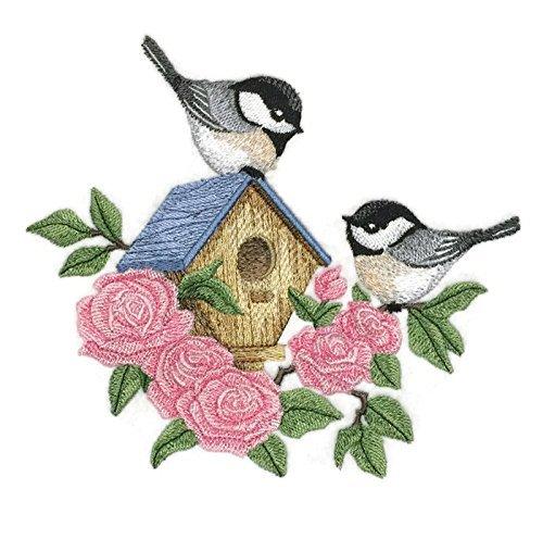 Blooming Chickadee Birdhouse embroidered patch showcasing vibrant colors and intricate design, perfect for iron-on or sewing applications.