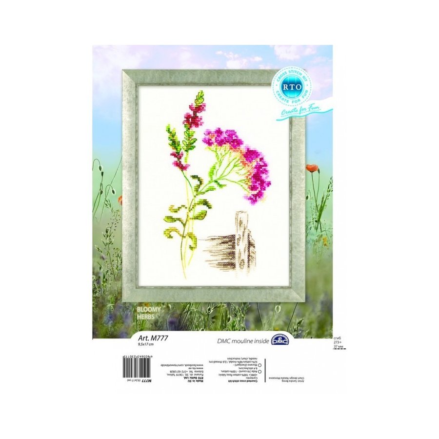 Bloomy herbs M777 Counted Cross Stitch Kit with Aida16 canvas, colorful threads, and needle, showcasing vibrant embroidery materials.