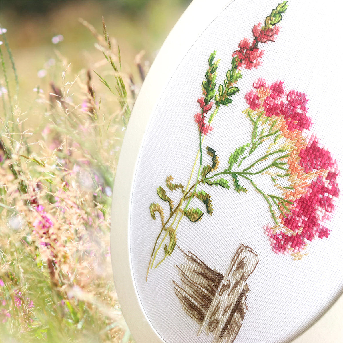 Bloomy herbs M777 Counted Cross Stitch Kit with Aida16 canvas, colorful threads, and needle, showcasing vibrant embroidery materials.